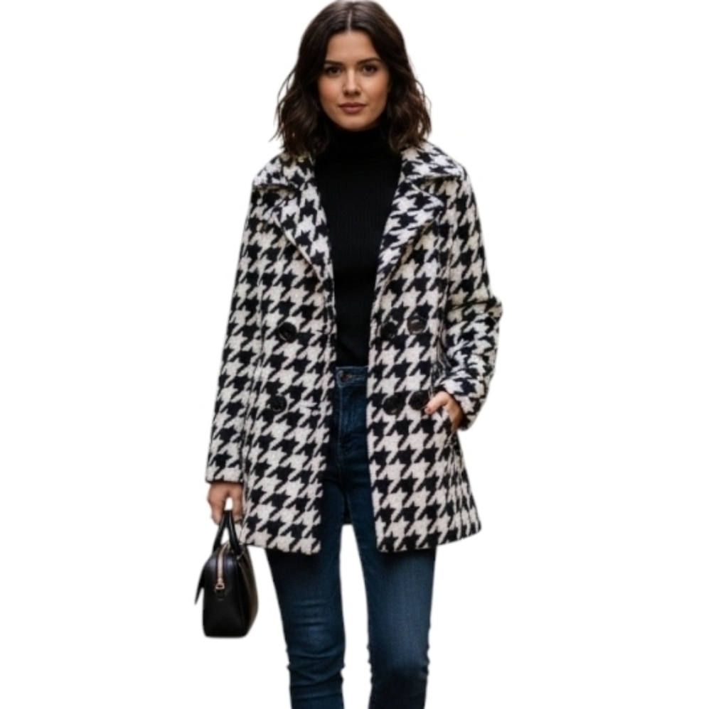 Express Black and White Houndstooth Pea Coat